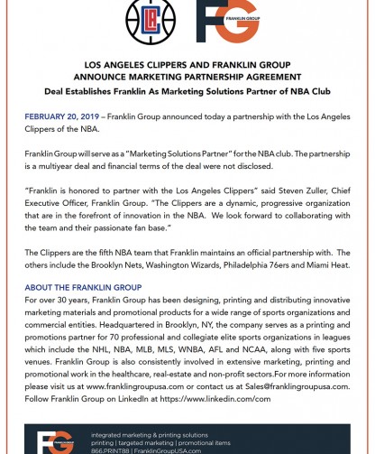 Los Angeles Clippers and Franklin Group Announce Marketing Partnership Agreement